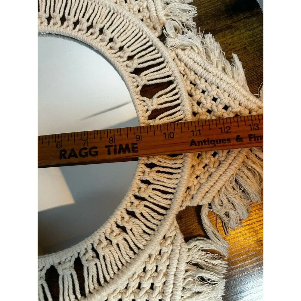 Boho Macrame Wall Mirror Round Fringe Woven Cotton Decor 20” Handmade Chic Home